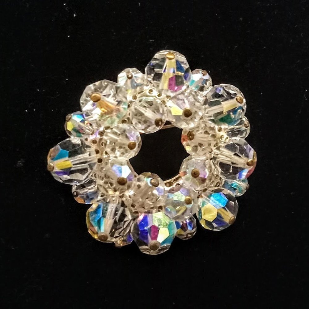 Vintage Aurora Borealis Crystal Round Pin Silver Textured Brooch